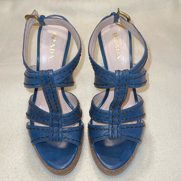 PRADA - Blue & Tan leather Platform Sandals - EU 39.5 - Made in Italy - Picture 5 of 11